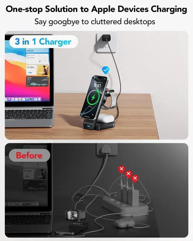 Alt view image 3 of 7 - 3 in 1 Wireless Charging Station Compatible with Apple,Foldable Magnetic Wireless Charger for iPhone 16/15/14/13/12,Apple Watch Series 10/Ultra 2/Ultra/9/8/7/6/5/4/SE/SE 2,Air-Pods 4/3/Pro/2(Black)