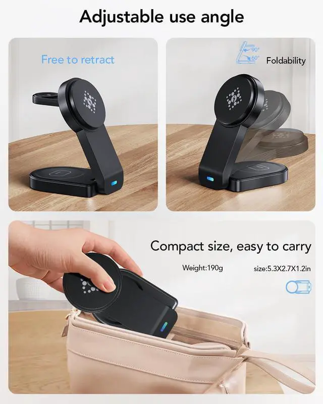 Alt view image 5 of 7 - 3 in 1 Wireless Charging Station Compatible with Apple,Foldable Magnetic Wireless Charger for iPhone 16/15/14/13/12,Apple Watch Series 10/Ultra 2/Ultra/9/8/7/6/5/4/SE/SE 2,Air-Pods 4/3/Pro/2(Black)