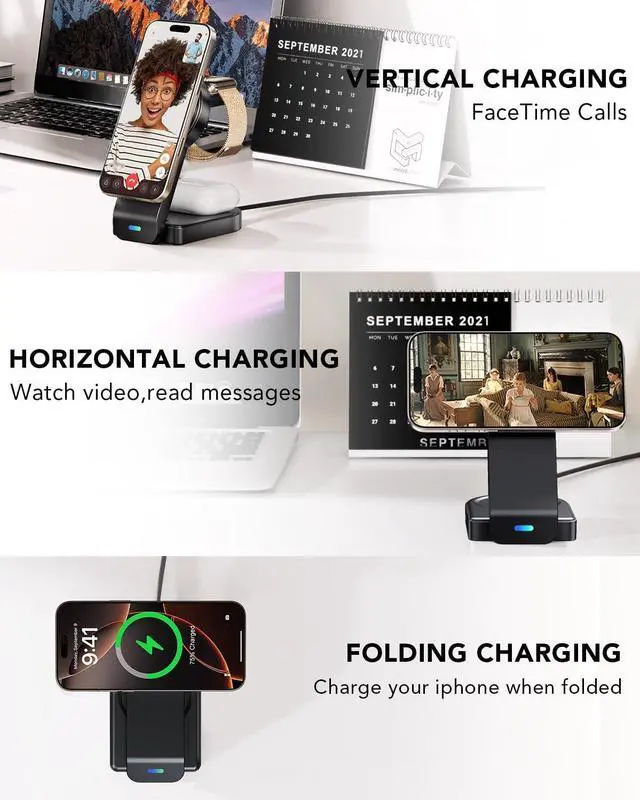 Alt view image 6 of 7 - 3 in 1 Wireless Charging Station Compatible with Apple,Foldable Magnetic Wireless Charger for iPhone 16/15/14/13/12,Apple Watch Series 10/Ultra 2/Ultra/9/8/7/6/5/4/SE/SE 2,Air-Pods 4/3/Pro/2(Black)