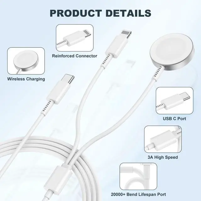 Alt view image 5 of 7 - for Apple Watch Charger,2 in 1 USB C Charger for iPhoneiWatch,Magnetic iWatch Fast Charging Cable 6ft with 20W Charging Block for Apple Watch Series Ultra 9 8 7 6 5 4 3 SEiPhone 14 13-White