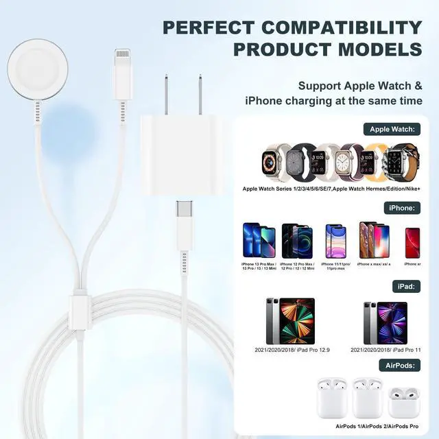 Alt view image 7 of 7 - for Apple Watch Charger,2 in 1 USB C Charger for iPhoneiWatch,Magnetic iWatch Fast Charging Cable 6ft with 20W Charging Block for Apple Watch Series Ultra 9 8 7 6 5 4 3 SEiPhone 14 13-White