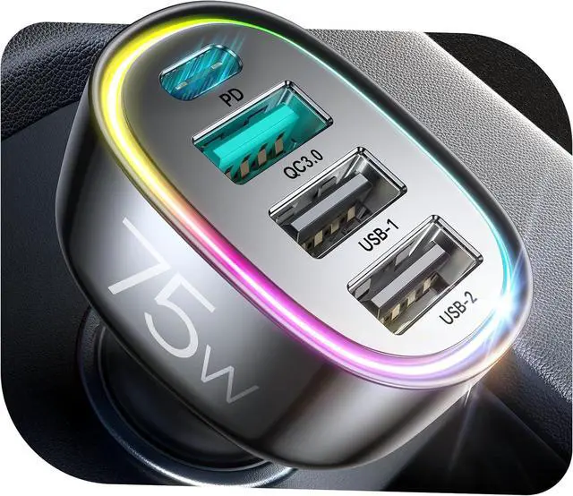 Main image of USB C Car Charger Cigarette Lighter Adapter 75W 4-Port Fast Car Charger Fast Charging Compatible with iPhone16/15/14/13 Series