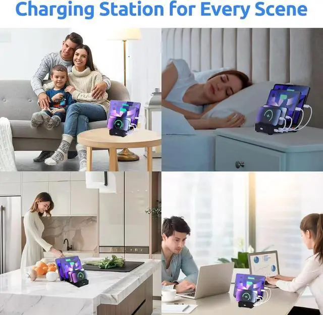 Alt view image 3 of 7 - 4-Port Charging Station for Multiple Devices USB Charger Stations Multi-Device Organizer Charging Dock Compatible with Cell Phones iPads Kindle Tablets and Other Electronics (Black)