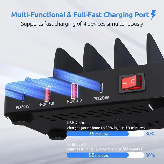 Alt view image 4 of 7 - 4-Port Charging Station for Multiple Devices USB Charger Stations Multi-Device Organizer Charging Dock Compatible with Cell Phones iPads Kindle Tablets and Other Electronics (Black)