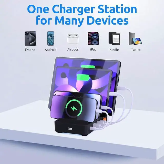 Alt view image 7 of 7 - 4-Port Charging Station for Multiple Devices USB Charger Stations Multi-Device Organizer Charging Dock Compatible with Cell Phones iPads Kindle Tablets and Other Electronics (Black)