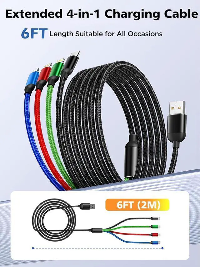 Alt view image 3 of 6 - Multi Charging Cable, [2Pack 6Ft] 4 in 1 Fast Multi Charging Cord Nylon Braided Multiple Charger Cable USB Cable Adapter for IP/Type C/Micro USB Port for Cell Phones Tablets Samsung Galaxy