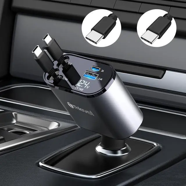 Main image of Retractable Car Charger 4 in 1 USB C Fast Charger with Dual Type-C Cables (31.5 inch) and 2 Charging Ports with Voltage Display Compatible with iPhone 16/15 Pro Max Samsung Galaxy Note