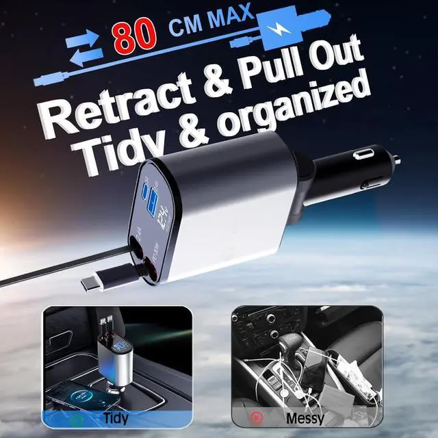 Alt view image 2 of 7 - Retractable Car Charger 4 in 1 USB C Fast Charger with Dual Type-C Cables (31.5 inch) and 2 Charging Ports with Voltage Display Compatible with iPhone 16/15 Pro Max Samsung Galaxy Note