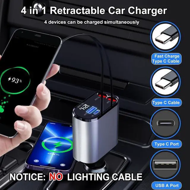 Alt view image 4 of 7 - Retractable Car Charger 4 in 1 USB C Fast Charger with Dual Type-C Cables (31.5 inch) and 2 Charging Ports with Voltage Display Compatible with iPhone 16/15 Pro Max Samsung Galaxy Note