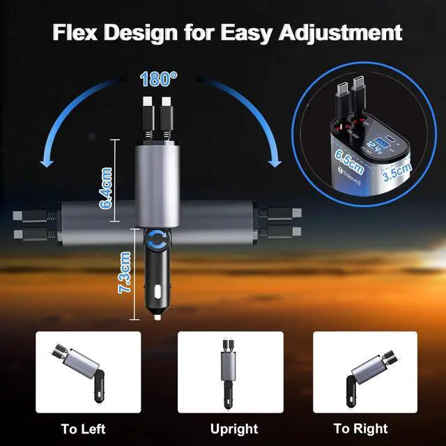 Alt view image 5 of 7 - Retractable Car Charger 4 in 1 USB C Fast Charger with Dual Type-C Cables (31.5 inch) and 2 Charging Ports with Voltage Display Compatible with iPhone 16/15 Pro Max Samsung Galaxy Note