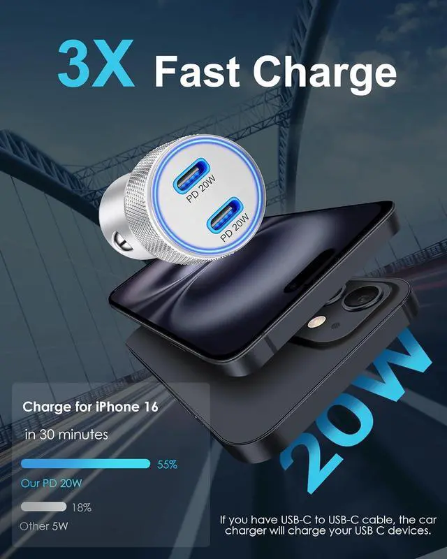 Alt view image 2 of 7 - Car Charger USB C, 20W Type C Charging Block + 2Pack 3FT Charge Cable + 40W Dual USB-C Fast Car Phone Charger Accessories for iPhone 16e/16/15 Pro Max/Plus, iPad, Pixel, Samsung, Android