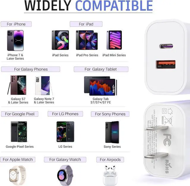 Alt view image 2 of 7 - USB C Block for iPhone Charger Block 20W Dual Port PD+QC Power Wall USB Adapter Fast Type C Charging Plug for iPhone 16/15/14/13/12/11/Pro Max/XS/XR/X  Galaxy LG and More-3Pack