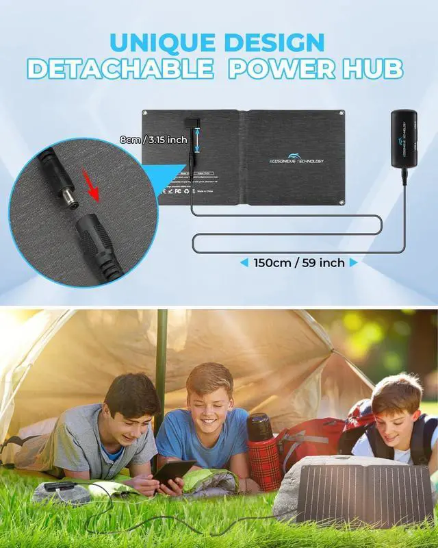 Alt view image 2 of 7 - Ecosonique 10W/20W/30W Portable Solar Panel Charger, IP67 Waterproof ETFE USB Solar Phone Charger with Detachable Power Hub, 2025 Latest Version Compatible with iPhone, Power Bank, Smartwatch