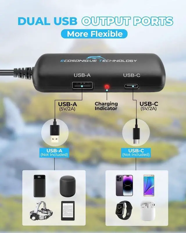 Alt view image 3 of 7 - Ecosonique 10W/20W/30W Portable Solar Panel Charger, IP67 Waterproof ETFE USB Solar Phone Charger with Detachable Power Hub, 2025 Latest Version Compatible with iPhone, Power Bank, Smartwatch