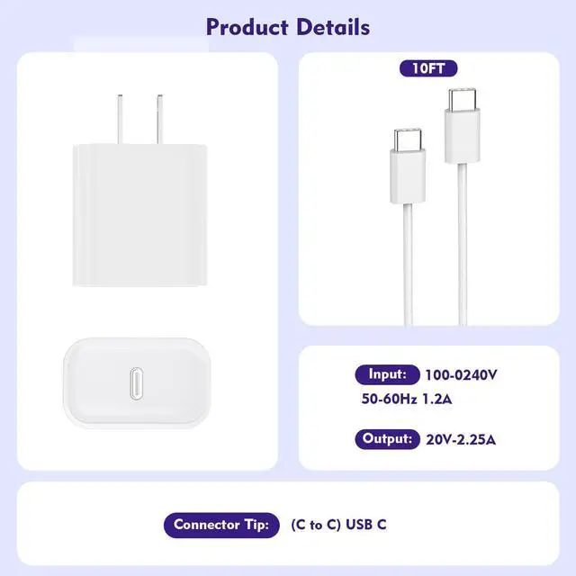 Alt view image 6 of 7 - [3 Pack]Long 10FT iPhone 16 15 Charger 20W Fast Wall Charger Block,10Foot USB C to C Braided Woven Cable Fast Charging for iPhone 16/16 Pro/16 Pro Max/16 Plus/iPhone 15/15 Pro/15 Pro Max/iPad 12.9 Pro