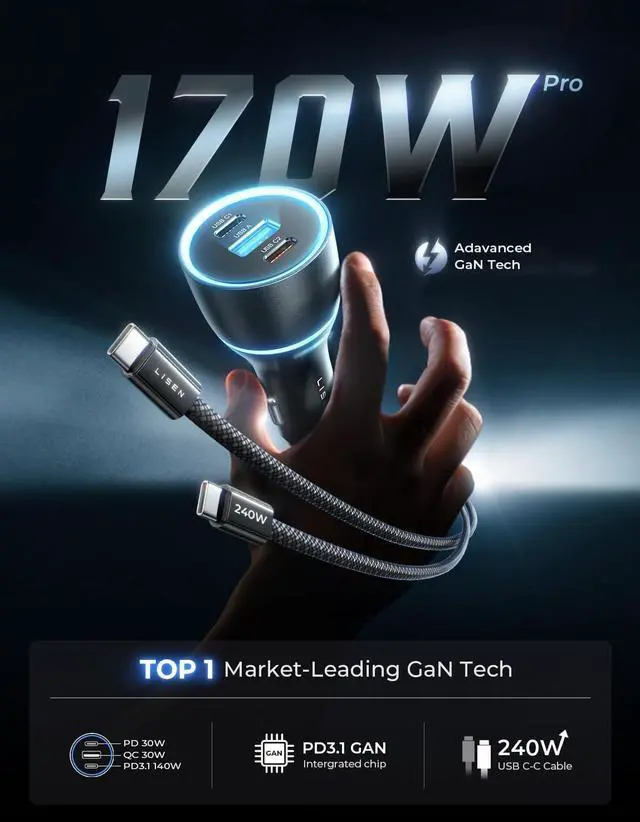 Alt view image 2 of 7 - LISEN 170W Car Charger USB C Fast Charging for iPhone 16 Pro Max GaN PD3.1 140W+PD30W Cigarette Lighter Adapter Super Fast Car Charger Type C for Laptop Samsung Galaxy S25 Ultra MacBook Pro iPad Drone