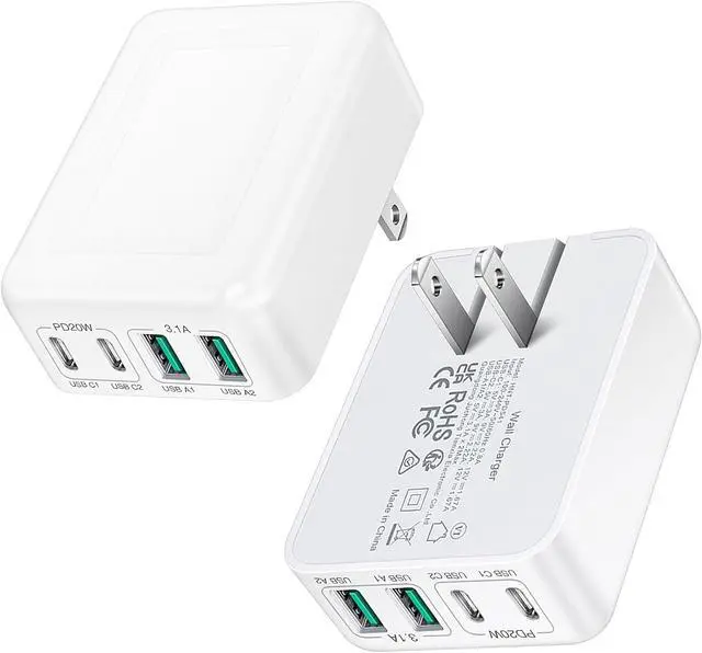 Main image of 2Pack Flat USB C Charger Block, 40W 4-Port Foldable & Slim Fast Charging Block Wall Plug, Thin Type C Cube Box Compatible with iPhone16e/16/15 Samsung, Pixel, Tablets, Multiport Power Adapter Brick