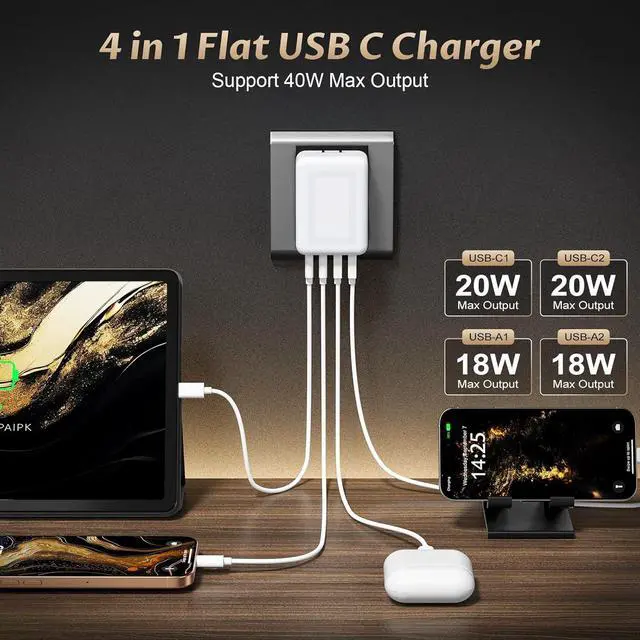 Alt view image 2 of 7 - 2Pack Flat USB C Charger Block, 40W 4-Port Foldable & Slim Fast Charging Block Wall Plug, Thin Type C Cube Box Compatible with iPhone16e/16/15 Samsung, Pixel, Tablets, Multiport Power Adapter Brick