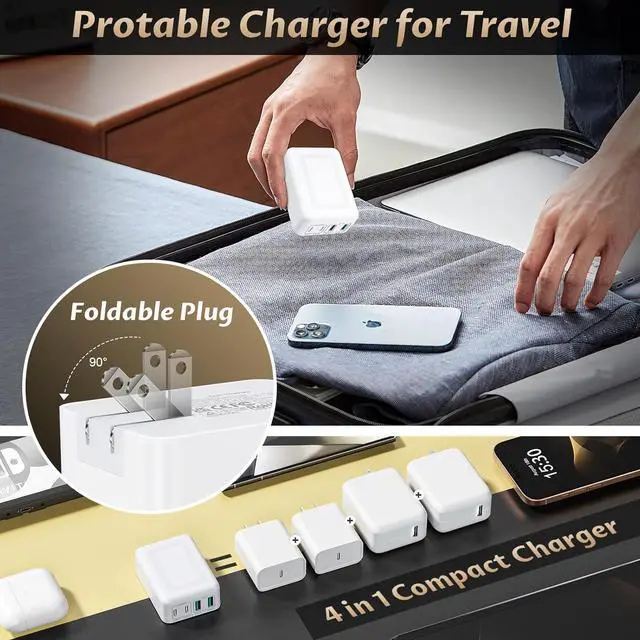Alt view image 5 of 7 - 2Pack Flat USB C Charger Block, 40W 4-Port Foldable & Slim Fast Charging Block Wall Plug, Thin Type C Cube Box Compatible with iPhone16e/16/15 Samsung, Pixel, Tablets, Multiport Power Adapter Brick