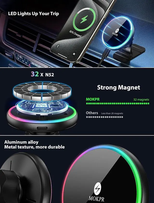 Alt view image 3 of 4 - MOKPR for Magsafe Car Mount Charger-15W Wireless Car Charger-Magnetic Car Phone Holder for Dash Air Vent-LED RGB HandsFree Car Mount Fast Car Charger for iPhone 14/13/12 Series
