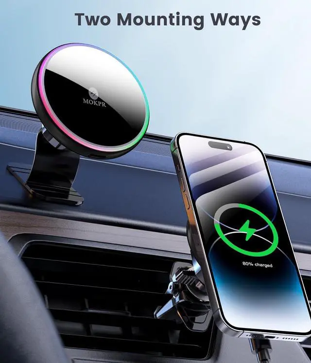 Alt view image 2 of 4 - MOKPR for Magsafe Car Mount Charger-15W Wireless Car Charger-Magnetic Car Phone Holder for Dash Air Vent-LED RGB HandsFree Car Mount Fast Car Charger for iPhone 14/13/12 Series