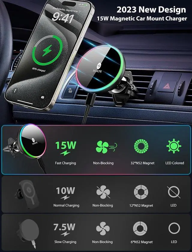 Alt view image 4 of 4 - MOKPR for Magsafe Car Mount Charger-15W Wireless Car Charger-Magnetic Car Phone Holder for Dash Air Vent-LED RGB HandsFree Car Mount Fast Car Charger for iPhone 14/13/12 Series