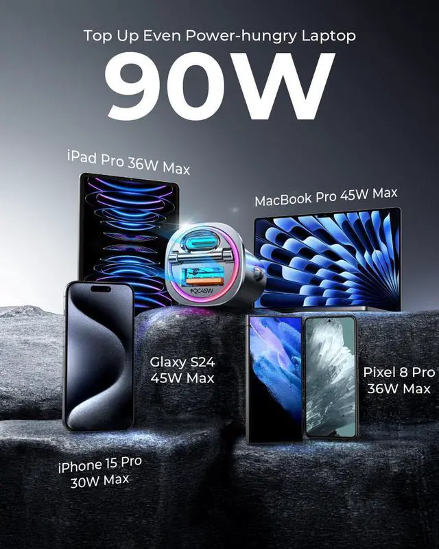 Alt view image 3 of 7 - MRGLASUpgrade 90W USB C Car Charger Fast Charging, [PD45W & QC45W] Cigarette Lighter Car Charger Adapter [Mini][All Metal][Not Distracted LED],for iPhone 16 15 14 Pro Max Plus iPad Samsung S24 S23
