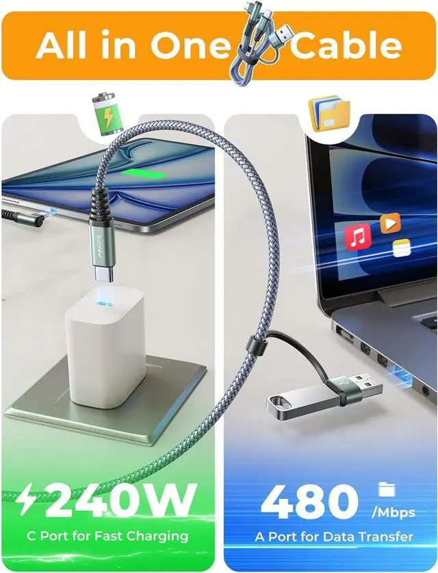 Alt view image 3 of 7 - 240W Long USB C Cable 10 ft USB C Cable Fast Charging Type C Charger Right Angle Fit iPhone 16 15 Pro MacBook Max iPad  25 10FT Grey