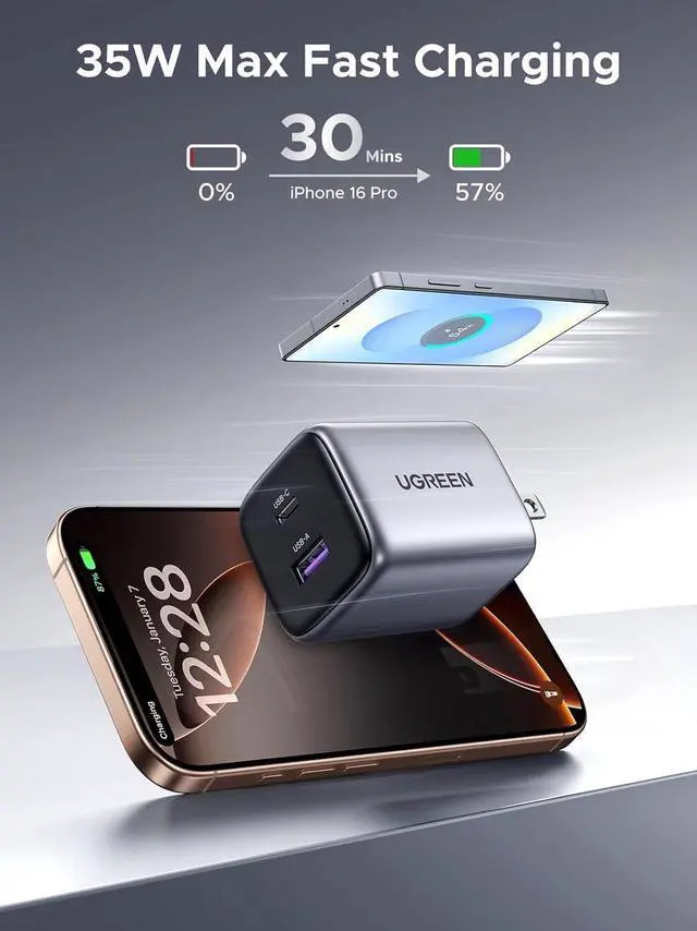 Alt view image 2 of 7 - UGREEN 35W USB C Charger, Nexode 2-Ports GaN Foldable PPS Compact Fast Wall Charger Block for iPhone 16/15/14/13, Galaxy S25/S24/S23, Pixel 8 Pro/8/7, iPad, MacBook, Steam Deck