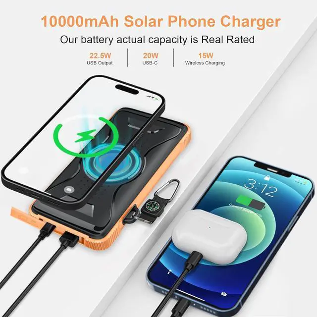 Alt view image 2 of 7 - Lekzai Solar Power Bank, Real Rated 10,000mAh Portable Wireless Fast Charger USB-C PD 20W, External Battery Pack with LED Flashlight for Outdoor, Camping -Orange