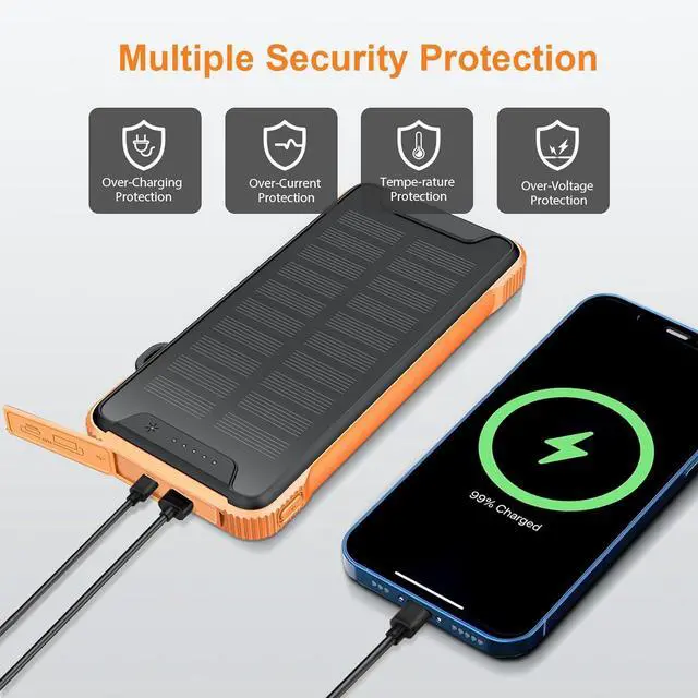Alt view image 5 of 7 - Lekzai Solar Power Bank, Real Rated 10,000mAh Portable Wireless Fast Charger USB-C PD 20W, External Battery Pack with LED Flashlight for Outdoor, Camping -Orange