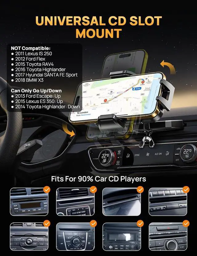 Alt view image 4 of 7 - Firm-hold CD Player Phone Holder for Car, Anti-vibration, Rotatable Universal CD Slot Phone Mount, Single-press Release, Heat-resistant, Compatible with iPhone & Samsung (Vent-Free, Dashboard-Free)