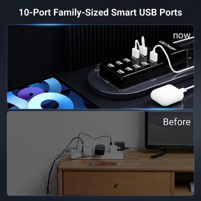 Alt view image 2 of 6 - USB Charger 50w10A 10 Port USB Charging Station, Multiport Charger Hub, Compatible with iPhone, Galaxy, iPad Tablet, and Other Devices (Black)