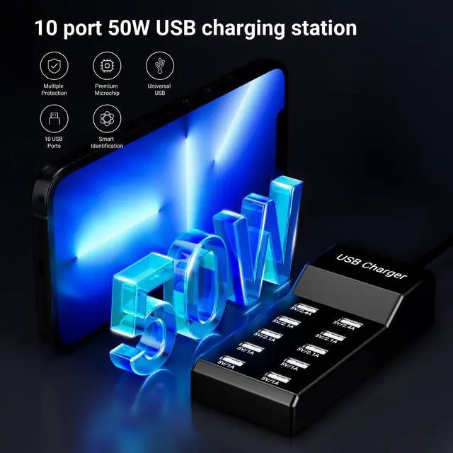 Alt view image 3 of 6 - USB Charger 50w10A 10 Port USB Charging Station, Multiport Charger Hub, Compatible with iPhone, Galaxy, iPad Tablet, and Other Devices (Black)