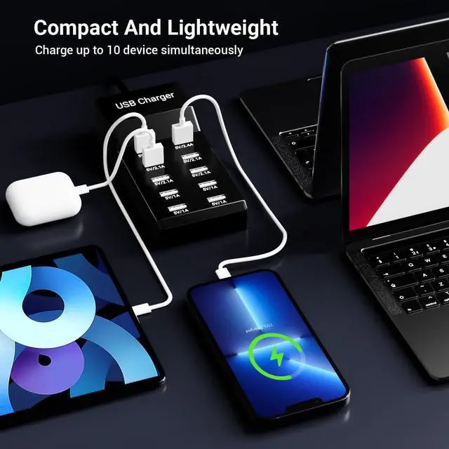 Alt view image 6 of 6 - USB Charger 50w10A 10 Port USB Charging Station, Multiport Charger Hub, Compatible with iPhone, Galaxy, iPad Tablet, and Other Devices (Black)