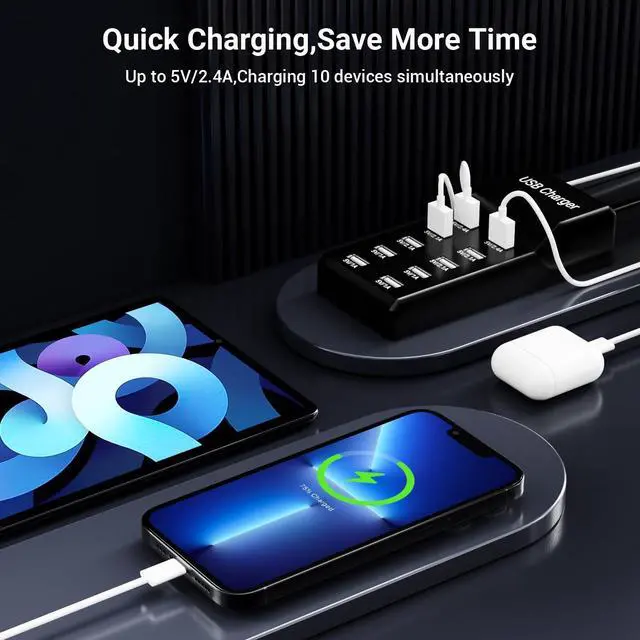 Alt view image 4 of 6 - USB Charger 50w10A 10 Port USB Charging Station, Multiport Charger Hub, Compatible with iPhone, Galaxy, iPad Tablet, and Other Devices (Black)