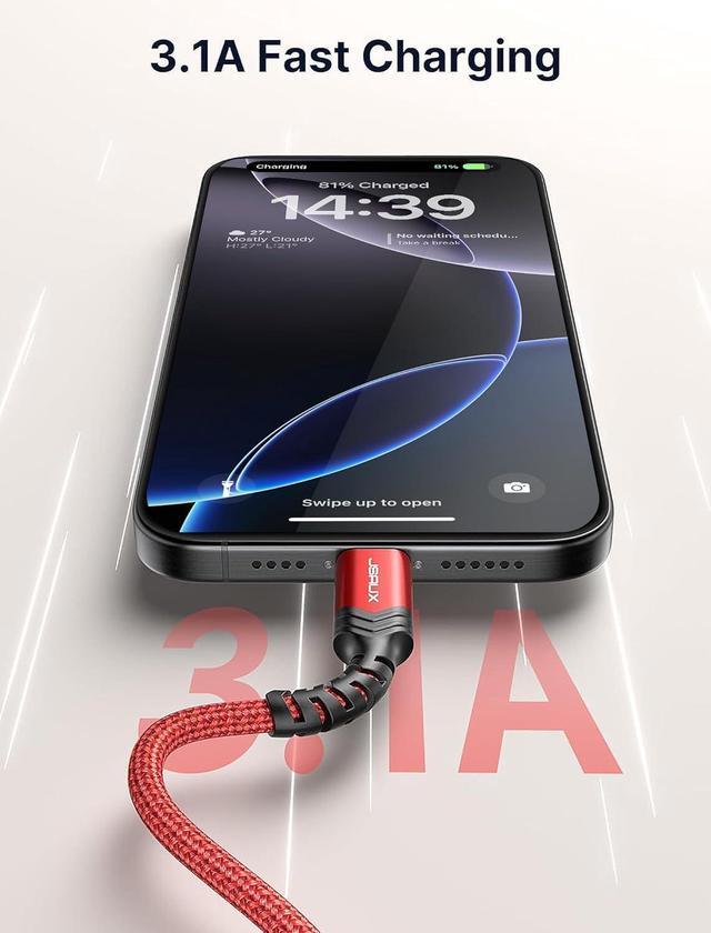 Alt view image 7 of 7 - JSAUX USB-C Cable 3.1A Fast Charging, 3-Pack (10ft+6.6ft+3.3ft) USB A to Type C Charge Cord Compatible with Samsung Galaxy S21 S20 Note 20 10, iPhone 16/16e/16 Pro/16 Pro Max/15, USB C Charger(Red)