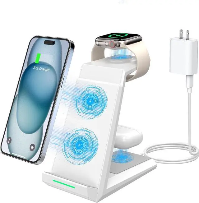 Main image of Wireless Charging Station for iPhone - 3 in 1 Charger Stand for iPhone 16 15 14 13 12 11 Pro Max Plus,Charging Dock for Apple Watch 8/7/SE/6/5/4/3/2,AirPods Pro/3/2(5 ft Cable&Adapter Included)