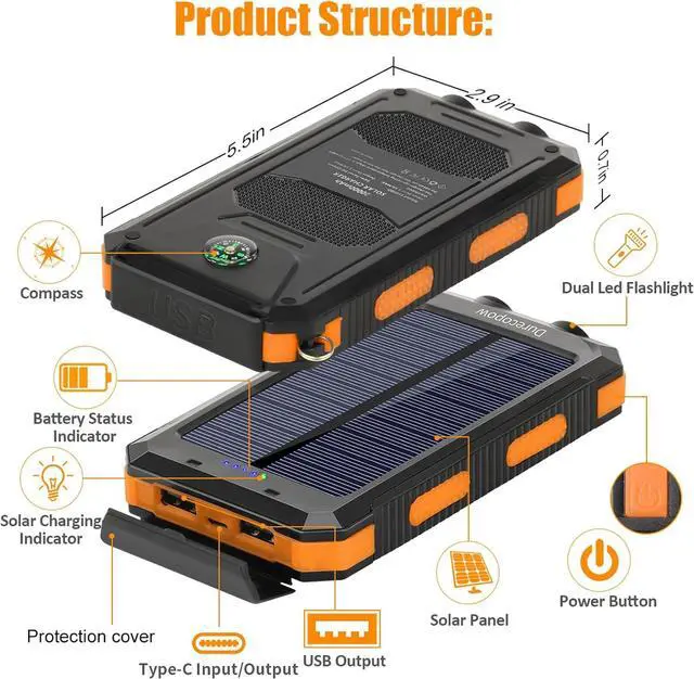Alt view image 2 of 7 - Solar Charger Power Bank, 20000mAh Portable Outdoor Waterproof Solar Battery Charger, Camping External Backup Battery Pack USB C Ports Input/Output, 2 Led Light Flashlight with Compass (Orange)