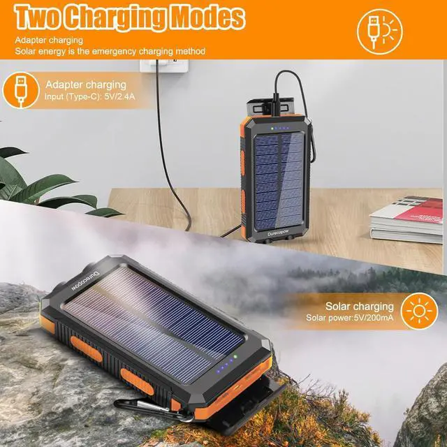 Alt view image 3 of 7 - Solar Charger Power Bank, 20000mAh Portable Outdoor Waterproof Solar Battery Charger, Camping External Backup Battery Pack USB C Ports Input/Output, 2 Led Light Flashlight with Compass (Orange)