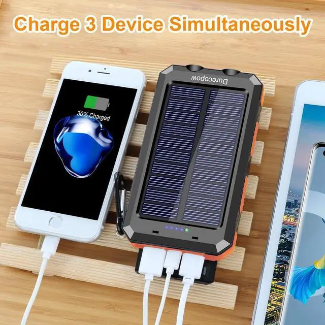 Alt view image 4 of 7 - Solar Charger Power Bank, 20000mAh Portable Outdoor Waterproof Solar Battery Charger, Camping External Backup Battery Pack USB C Ports Input/Output, 2 Led Light Flashlight with Compass (Orange)