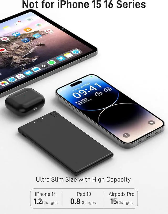 Alt view image 3 of 7 - Auskang Portable Charger for Phone, Slim Power Bank with Built in Lightning Cable, Travel Things 5000mAh Thin Battery Pack Compatible with iPhone 14/13/12/11/X/8/7 Series(Not for iPhone 15 16)