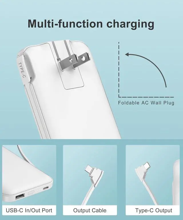 Alt view image 2 of 7 - Portable Charger Power Bank with Built-in Cable & AC Plug, 10000mAh Fast USB-C Charger, Slim Mini Battery for iPhone 16/15/14/13/Pro/Max & All USB-C Devices