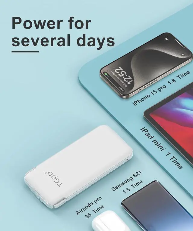 Alt view image 4 of 7 - Portable Charger Power Bank with Built-in Cable & AC Plug, 10000mAh Fast USB-C Charger, Slim Mini Battery for iPhone 16/15/14/13/Pro/Max & All USB-C Devices