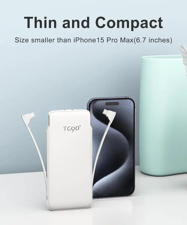 Alt view image 5 of 7 - Portable Charger Power Bank with Built-in Cable & AC Plug, 10000mAh Fast USB-C Charger, Slim Mini Battery for iPhone 16/15/14/13/Pro/Max & All USB-C Devices