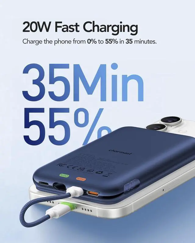 Alt view image 3 of 7 - Charmast 10000mAh Wired Portable Charger, 20W Fast Charging Slim Power Bank with Removable Cable for iPhone & Android, Hand-Free Battery Pack with Digital Display for Short Travel (No-Wireless)