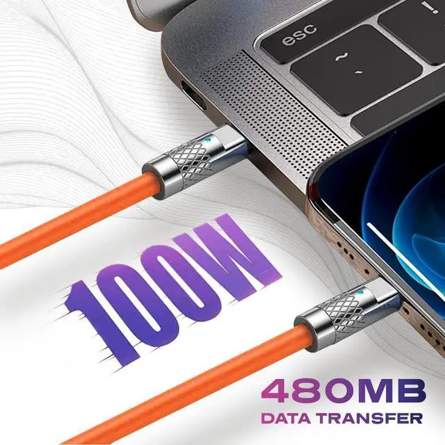Alt view image 2 of 6 - Statik TsumoCharge Fast Charging Cable 100W - Heavy-duty Unbreakable Silicone, Supports Data Transfer Type C to Type C Cable, Cord Wrap Organizer Included, USB C to USBC 6FT/2M, Orange