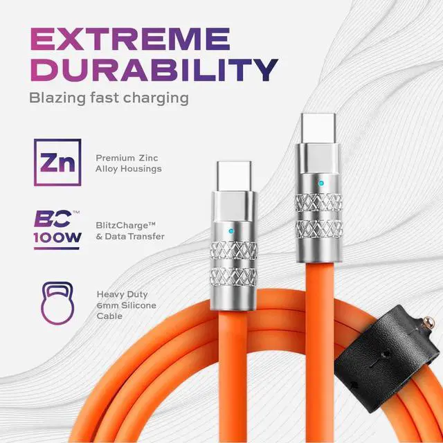 Alt view image 5 of 6 - Statik TsumoCharge Fast Charging Cable 100W - Heavy-duty Unbreakable Silicone, Supports Data Transfer Type C to Type C Cable, Cord Wrap Organizer Included, USB C to USBC 6FT/2M, Orange