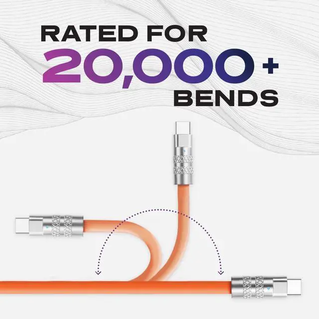 Alt view image 6 of 6 - Statik TsumoCharge Fast Charging Cable 100W - Heavy-duty Unbreakable Silicone, Supports Data Transfer Type C to Type C Cable, Cord Wrap Organizer Included, USB C to USBC 6FT/2M, Orange