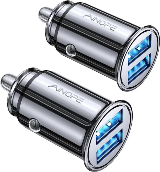 Main image of AINOPE 2 Pack Fast Mini Car Charger Adapter, 4.8A Metal Cigarette Lightter USB Car Charger Flush Fit, Dual Port Fit for iPhone 16 15 14 13 12 Pro Max 8 Plus XR, SamsungGalaxy S24/23/10, iPad, Silver